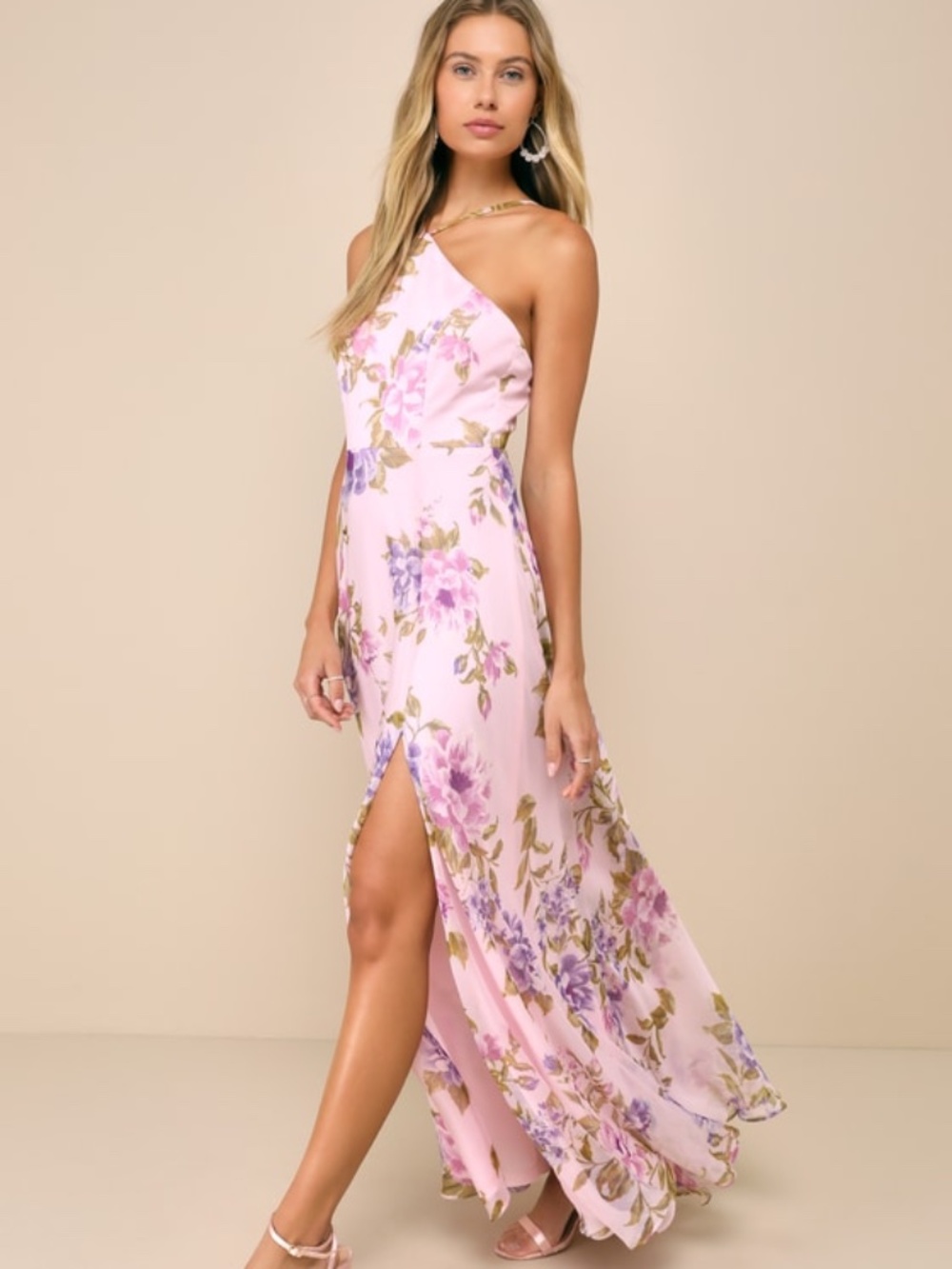 Lulus Romantic Marvel Light Pink Floral Print Halter Neck Maxi Dress - Size S